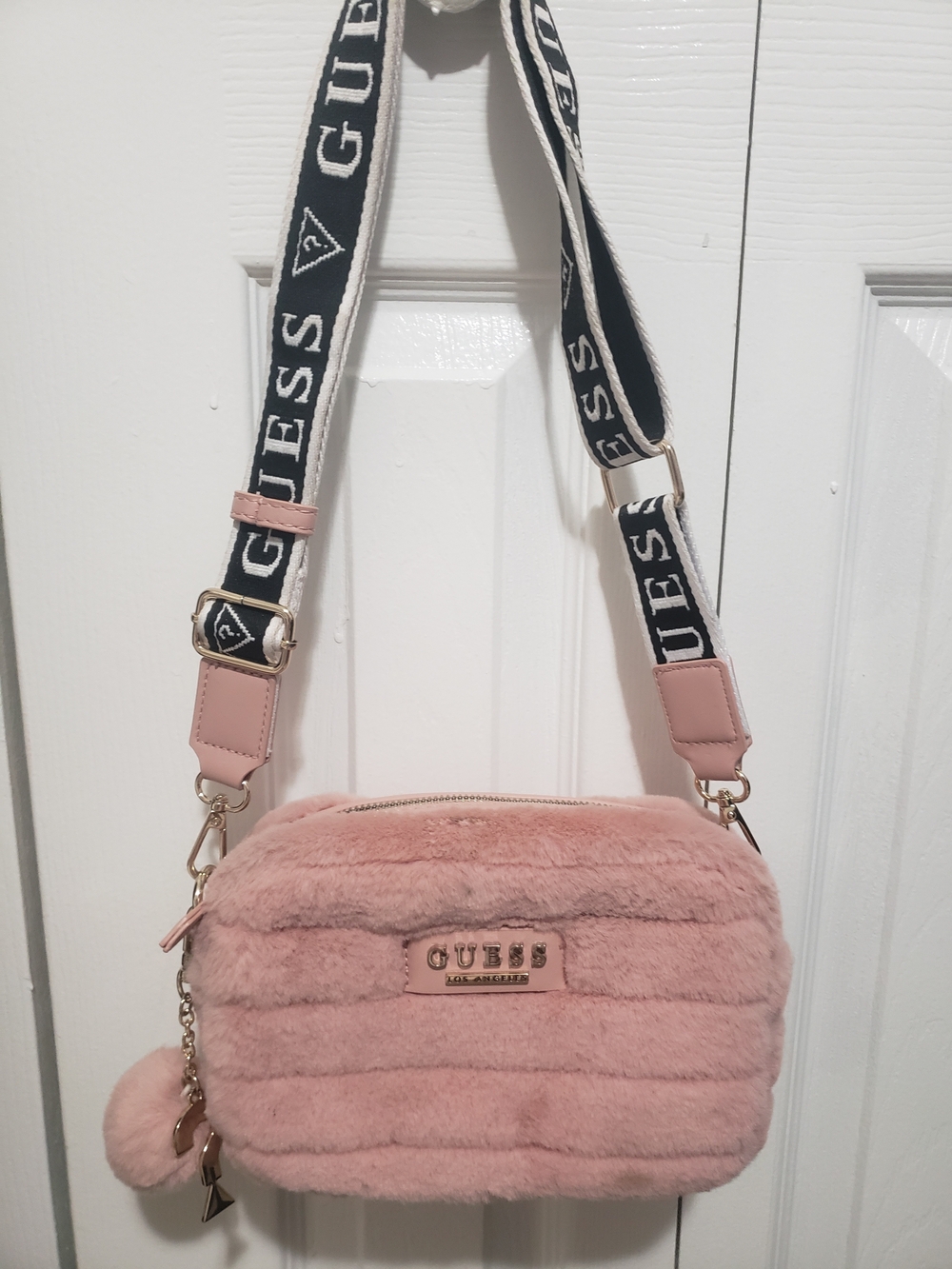 Guess Pink Faux Fur Crossbody with Branded Strap